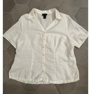 Lane Bryant White 100% Linen Button Down Shirt Short Sleeve VNeck Size 14/16